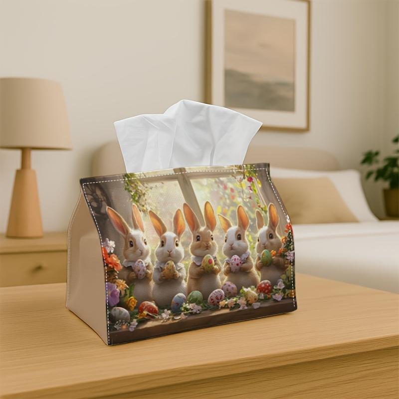 1pc Vintage Folk Decorative Easter Tissue Box - Bunny Family Easter Egg - 10.92*12.95*17.78cm Tissue Box Holder, Napkin Holder, Durable for Living Roo