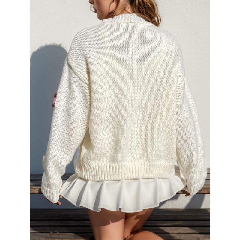 Женский осенне-зимний милый вязаный кардиган с длинным рукавом на пуговицах, свободный теплый свитер с цветочным принтом, открытое пальто спереди