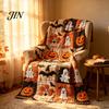 Soft Pumpkin Bat Print Bed Cover & Throw Blanket, Halloween Cozy Flannel Decorative Bedding Plaid for Couch Sofa Bed, Fall Home Decor
