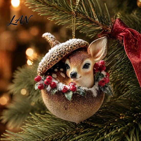 Elegant Holiday Decor Forest Animal Acorn Hanging Ornament, 2D Acrylic Flat Printed Tree Party Decorations for Christmas, Woodland Creature