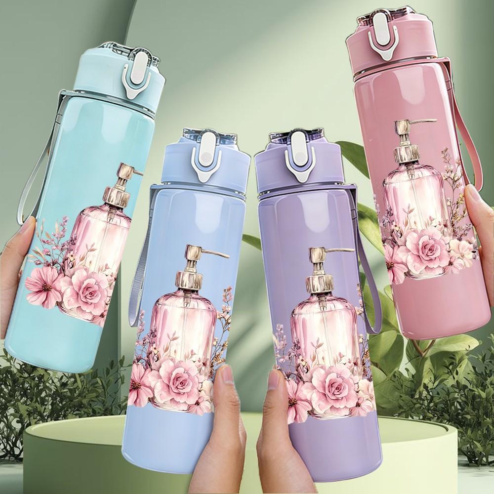 1PC Perfume Bottle Floral Vintage Pattern 750ml Color Plastic Sports Water Bottle Leakproof Flip Straw Lid Suitable for Sports Office Home Use