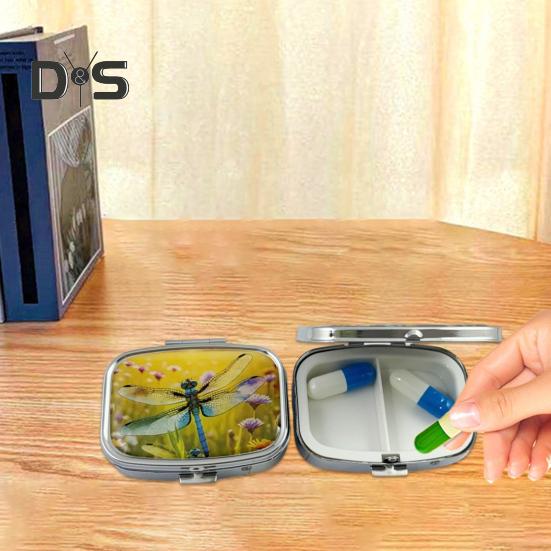 Pill Box with Hinged Lid 2 Compartments Tablet Holder Portable Jewelry Case with Mirror for Purse Pocket Travel Use
