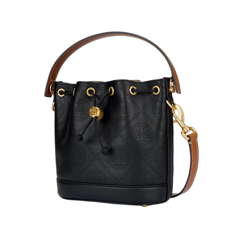 TORY BURCH T Monogram Double T logo quilted and punched removable shoulder strap drawstring leather bucket bag shoulder crossbody handbag 151791-001