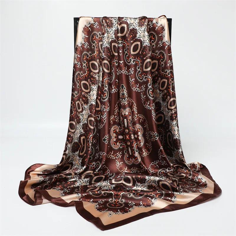 New Spring/Summer Orange Imitation Silk Neckerchief Outdoor Decoration Wraps for Women 90*90cm Cashew Print Square Scarf