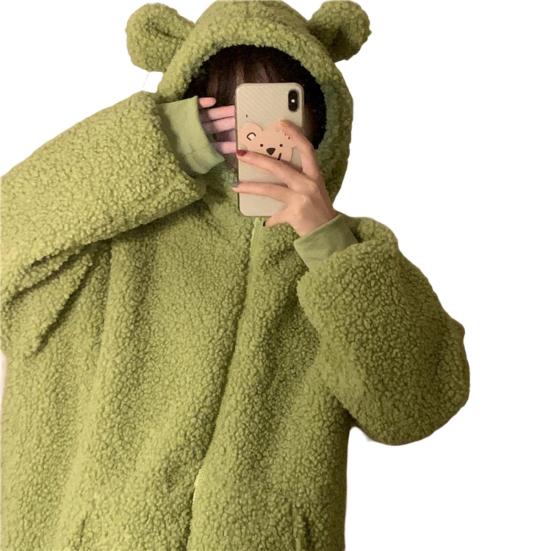 Медвежьи уши Декор с капюшоном и длинными рукавами, карманами на молнии, флисовая куртка, женское зимнее теплое пальто из искусственной овечьей шерсти