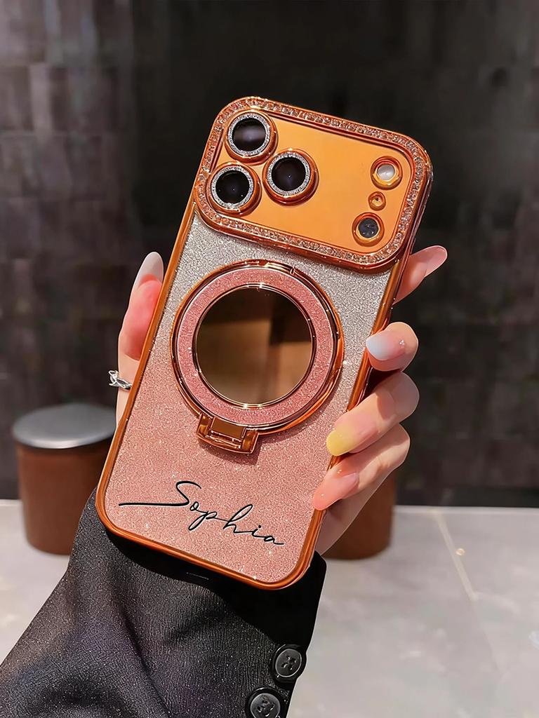 Name Rhinestone Glitter Powder Bracket Makeup Mirror Phone Case TPU For iPhone 11 12 13 14 15 16 17 Pro Max Air Plus