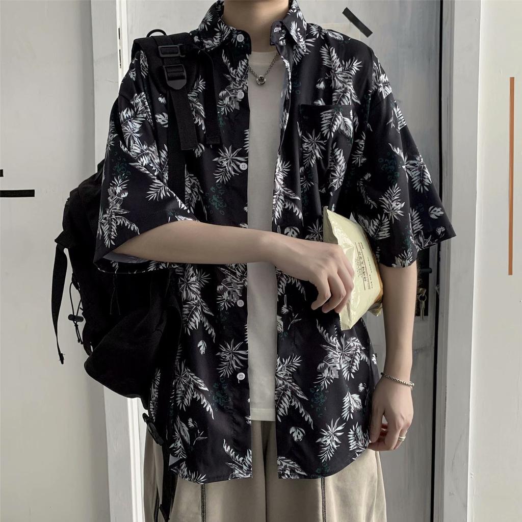 Hawaiian Men's Casual Flower Shirt Hong Kong Style Retro Beach Shirt Floral Couple Flower Shirt Short Sleeve Men