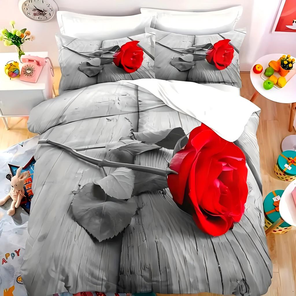 Red Rose Flower 3D Print Duvet Cover Luxury Romantic Theme Soft Bedding Cover Set Couple Valentine's Day Gifts Bedroom Decor