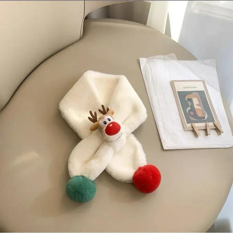 Cartoon Deer Scarf Soft Plush Neck Warmer with Furry Pom Pom Unisex Winter Shawl Wrap for Daily Wear Holiday Gift Accessories