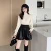Autumn/Winter 2023 Women's High Waist PU Leather A-Line Shorts - Versatile, Slim Fit, Elastic Waist, Wide-Leg Design.