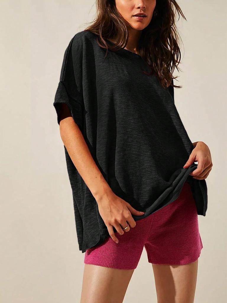 Women's Oversized T-Shirt Crew Neck Short Sleeve Side Slit Loose Summer Blouse Top