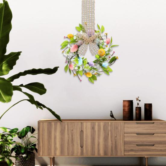 Маленький пасхальный венок-яйцо для входной двери Искусственный венок с разноцветными весенними яйцами Венок в стиле кантри для подвешивания на кухонный шкаф с лентой