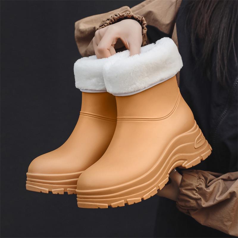 Korean Women's Waterproof, Non-Slip Rain Boots with Warm Cotton Lining & Thick Soles for Outdoor Camping