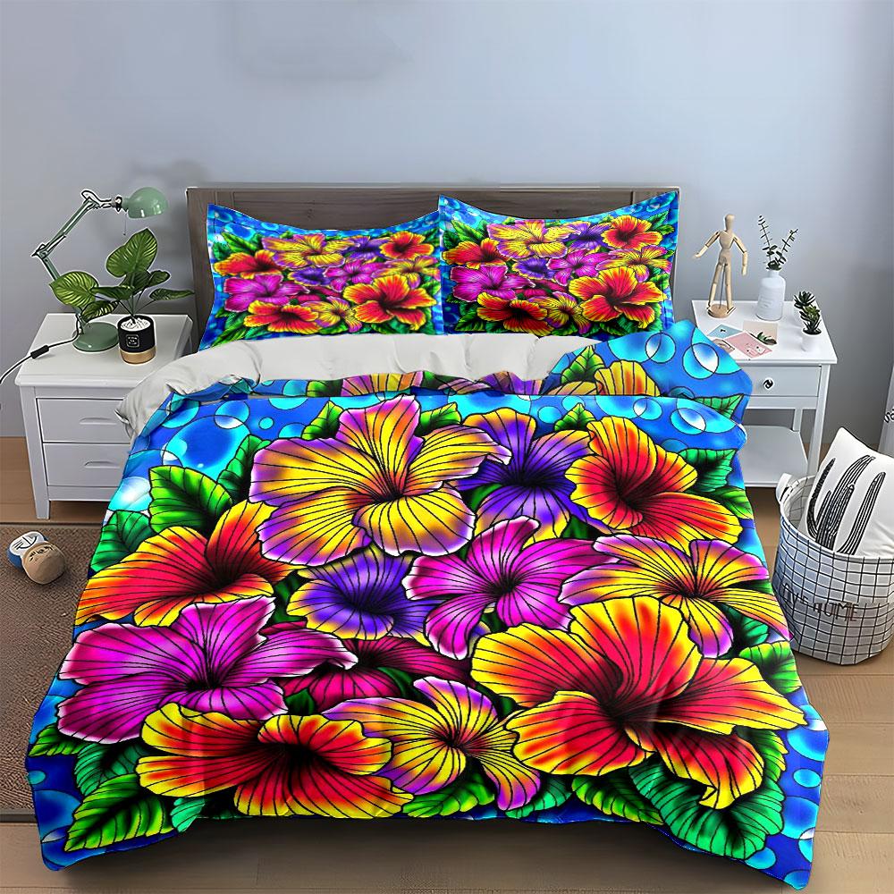 Colorful hibiscus flower pattern. Bedding sets Duvet cover sets Duvet covers Pillowcases(1*Duvet Cover 2*Pillowcases without duvet insert)