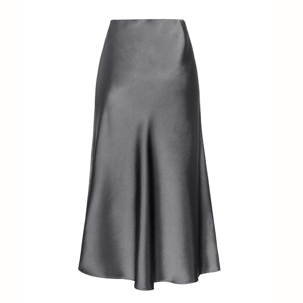 Womens Satin Silk High Waist Slit Midi Skirt Elastic Waistband Midi Skirts for Women
