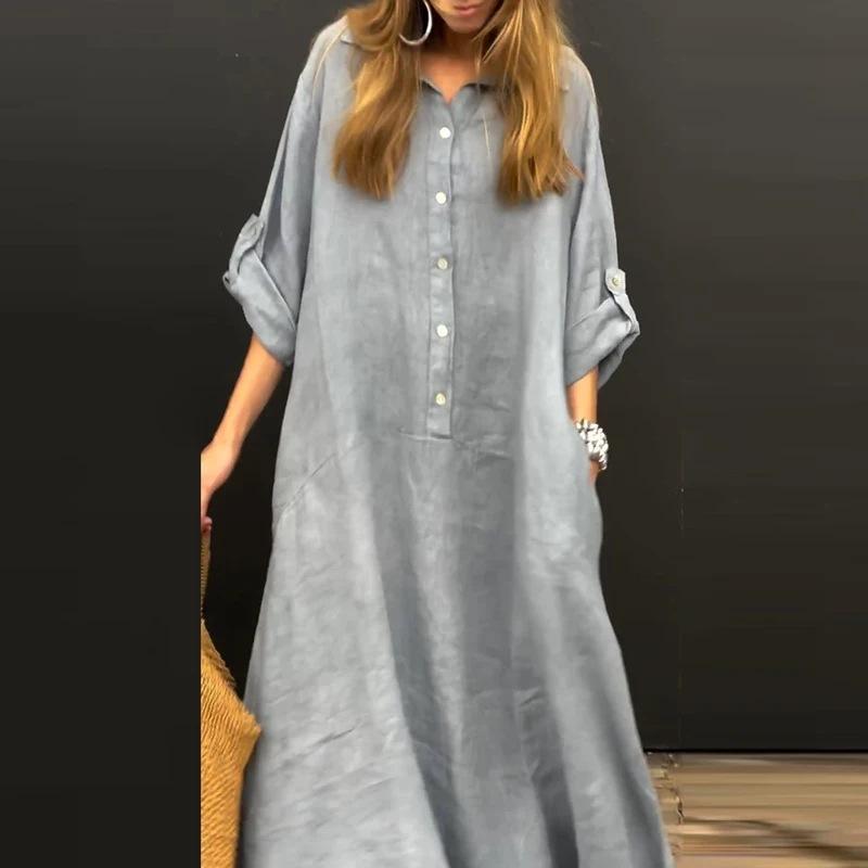 Women's Summer Casual Pockets Shirt Neck Long Dresses