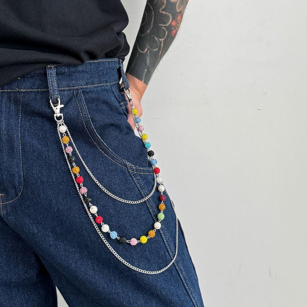 Gothic Punk Belt Chain Jeans Chain Pants Chain Punk Colorful Rhinestone Bead Waist Chain  Male