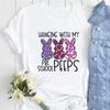 Easter Bunny Egg Pattern Love Letter Pullover T-shirt Short Sleeve Harajuku Kawaii Summer Top for Ladies Loose Fit Polyester Fab