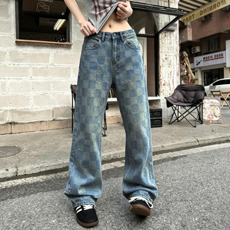 American City Boy Checkered Jeans Loose Straight Wide Leg Pants Unisex