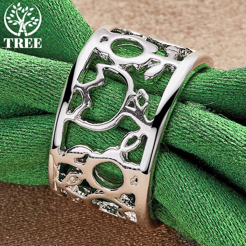 ALITREE 925 Sterling Silver Geometric Hollow Pattern Wide Ring For Women rings Fashion Party Birthday Christmas Wedding Jewelry