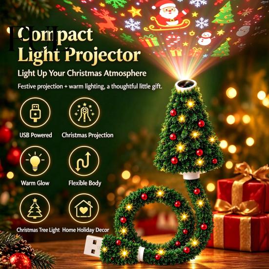 Creative Xmas Light for Camping DIY Christmas Tree Projector, USB Powered Holiday Night with 6 Festive Tabletop Decor Kids Patterns, Adjustable