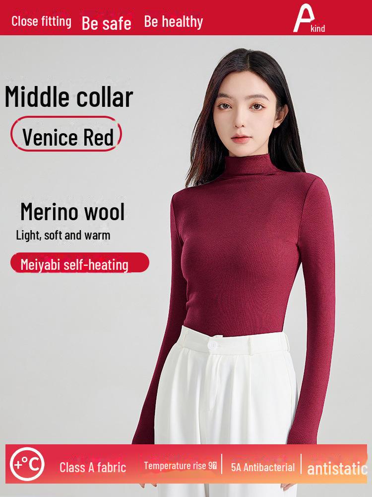 Wool Mid-Neck Slim Fit Women's Long-Sleeve Top, Versatile Autumn/Winter Layering, Warm & Cozy