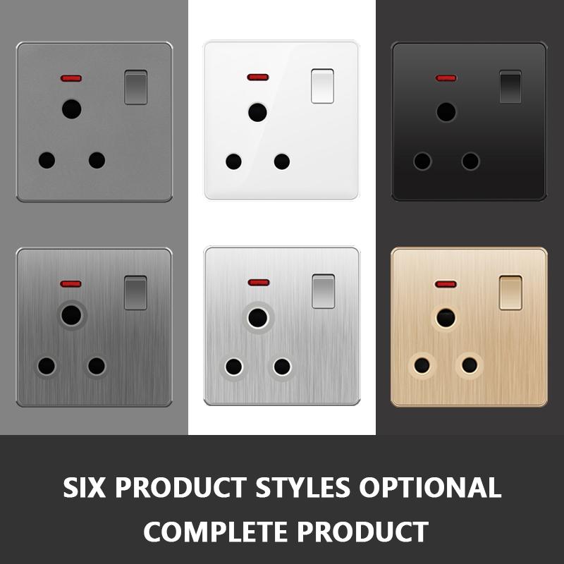 UK Standard 15A Wall  Switch Socket, Black White PC/Wire Drawing Panel AC 220-250V,British Power Socket with Switch with Light