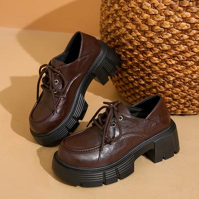 Весна Новые Туфли на Толстом Каблуке Женская Мода Круглый Носок Глубокий Вырез Шнуровка Спереди Платформа Нескользящие Высокие Каблуки