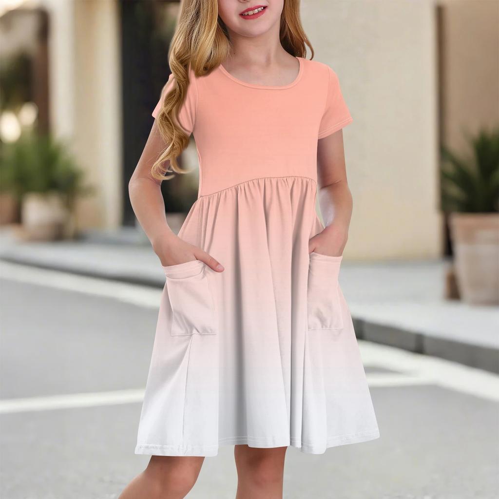 Детская юбка с круглым вырезом и коротким рукавом, платье принцессы, модное повседневное платье с карманами для девочек