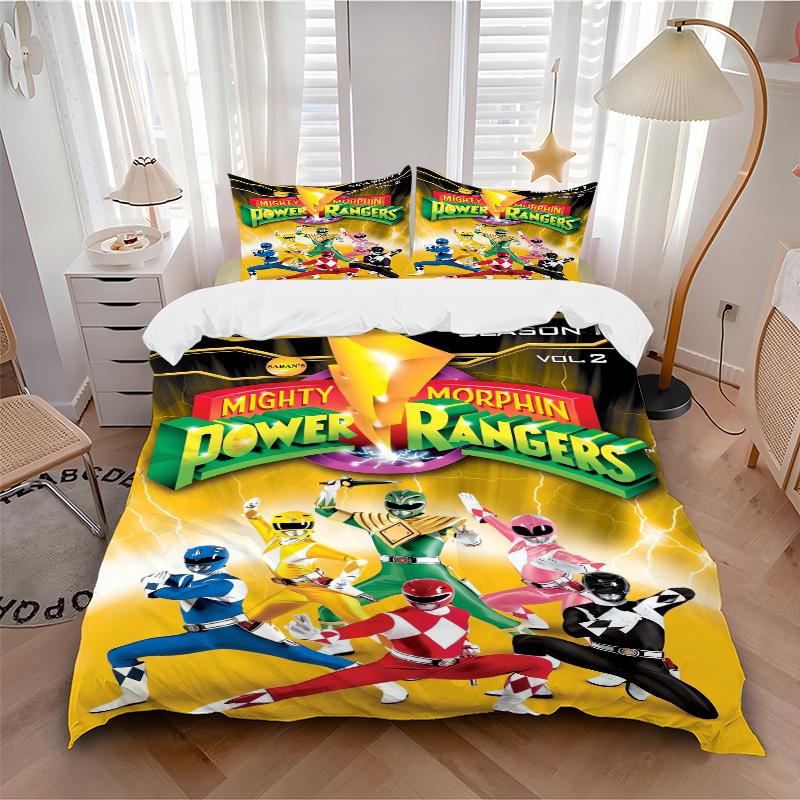 3 шт. Постельное белье Mighty Morphin Power Rangers - 1 Мягкий пододеяльник + 2 Наволочки, Машинная стирка - Подходит для всех сезонов, Идеальный подарок для Семьи