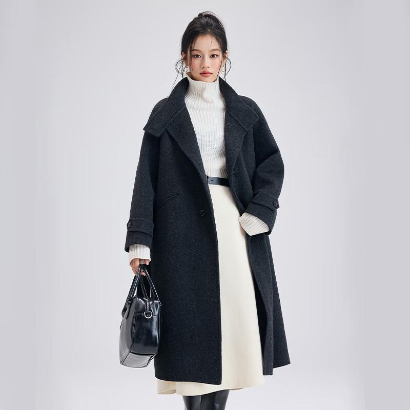 Fengxun Женское Премиальное Двустороннее Пальто из 100% Шерсти со Стойкой