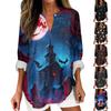 Women's Fashion Casual Halloween Print Drop Shoulder Long Sleeve V-Neck Ladies Tops