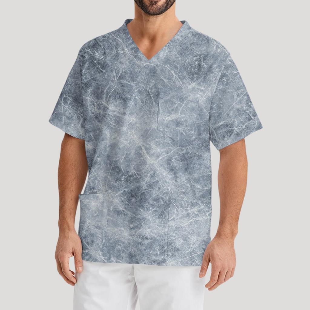 Мужская рабочая блузка с короткими рукавами и v-образным вырезом с принтом, топ с нагрудным карманом