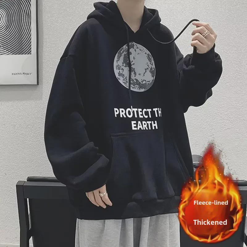 Мужская толстовка с капюшоном на бархатной подкладке в гонконгском стиле: Модный, свободный, универсальный повседневный топ на осень и зиму