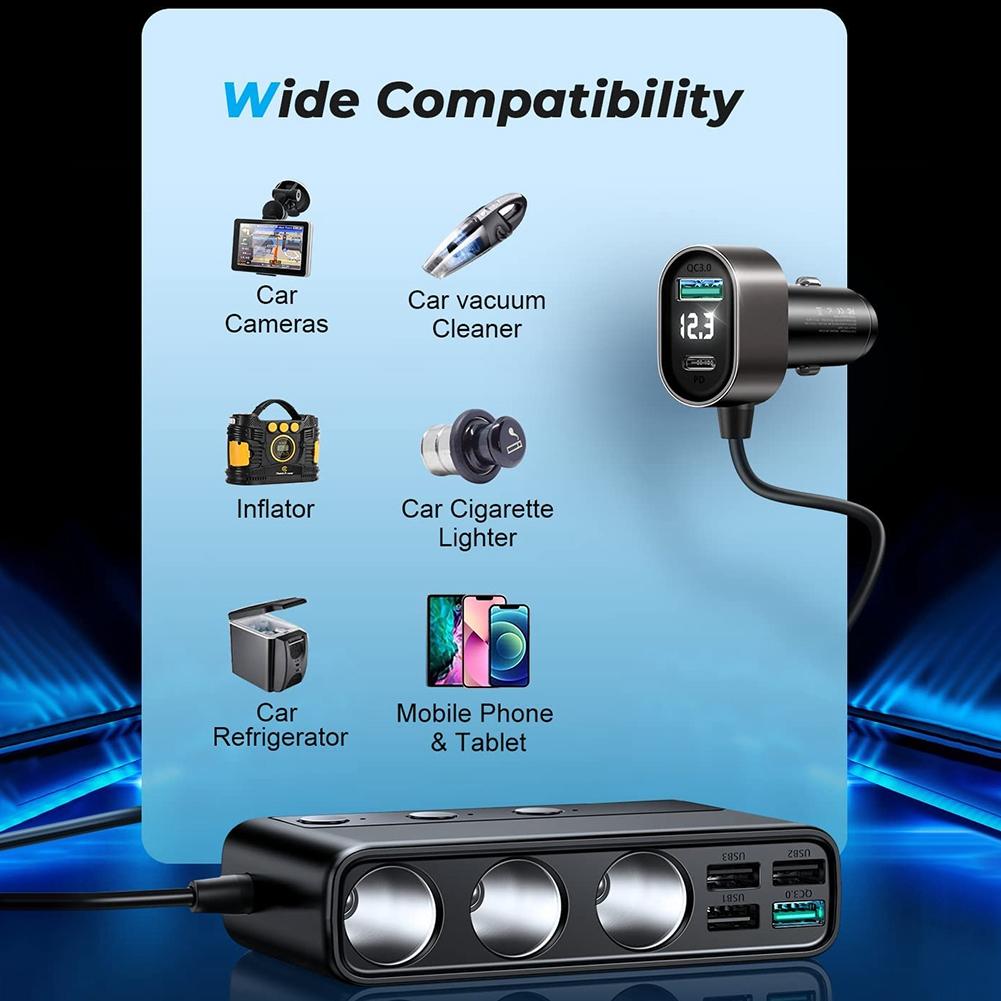 3 розетки, автоматический разветвитель прикуривателя, адаптер автомобильного зарядного устройства 9 в 1 с быстрой зарядкой PD/QC 3,0*2, 154 Вт, 12 В/24 В, независимые переключатели постоянного тока для всех автомобилей