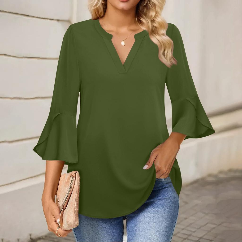 Женская рабочая рубашка с плиссировкой и рукавом 3/4, рубашка с V-образным вырезом, повседневная рубашка с завязками на талии, деловая рубашка