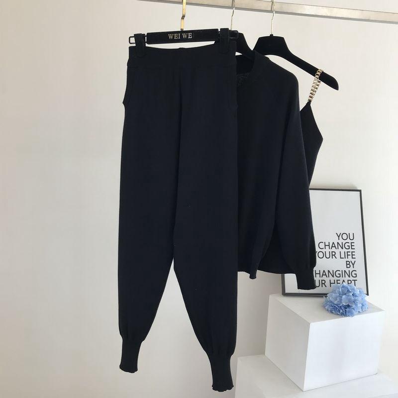 European American Women's Knit Vest, Jacket, and Elastic Waist Pants Three-Piece Set - Fashionable and Stylish