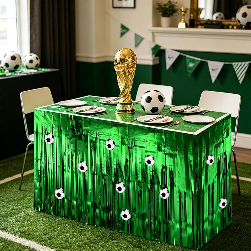 Soccer Party Tassel Table Skirt with Football Sticker for Kids Adults Sports Theme Birthday Party Decoration Supplies Tablecloth