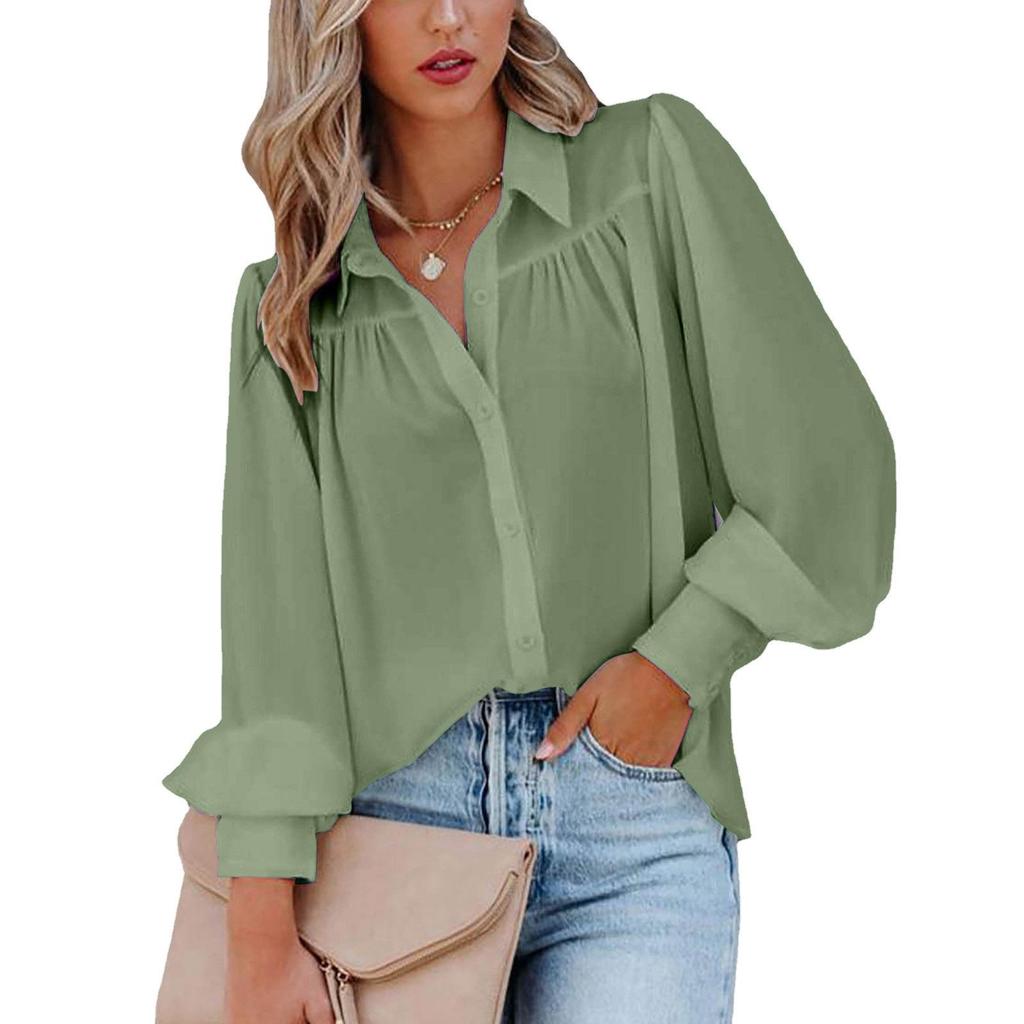 Women's Long Sleeve Ruched Stand Collar Lantern Sleeve Shirt