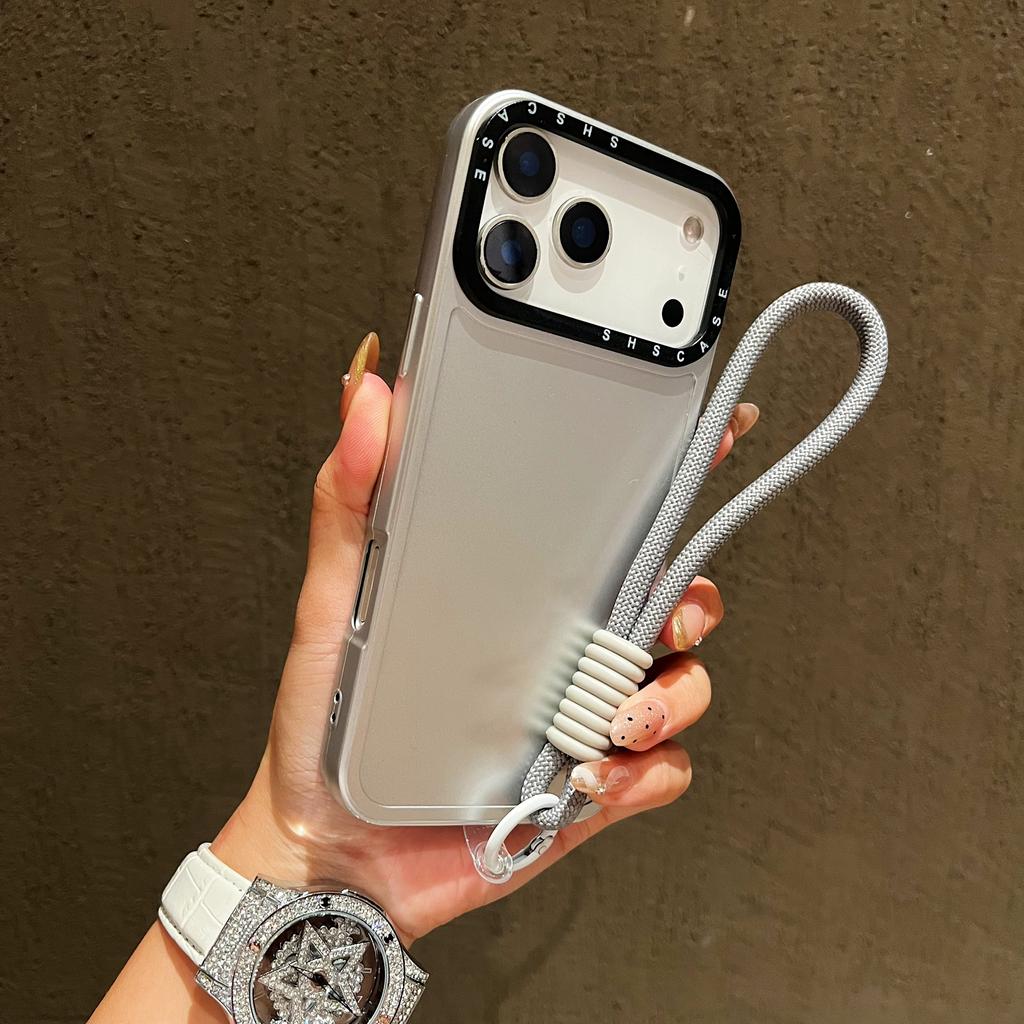 For iPhone 17 Pro Case Black Lens Frame Metal Paint Finish PC + TPU Phone Back Cover with Wrist Strap