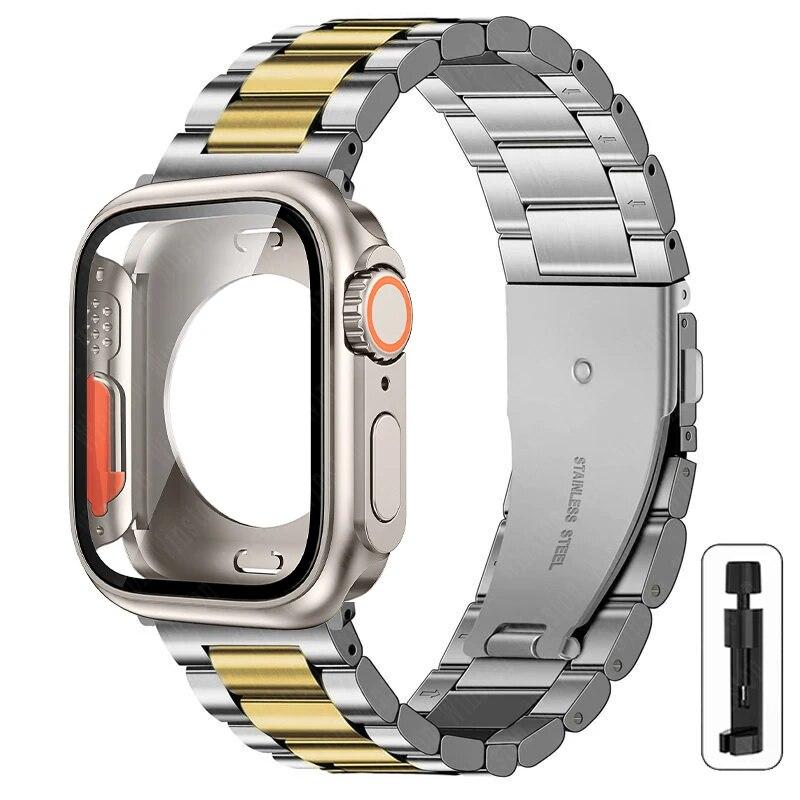 Ремешок+корпус из нержавеющей стали для Apple Watch 44мм 45мм 41мм 40мм Улучшенный ТПУ корпус Iwatch Series 9 8 7 6 SE 5 4 Металлический браслет