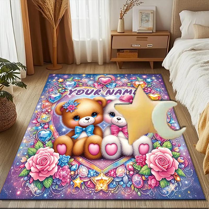 1PC Custom Name "Colorful Bears Hearts" Theme Floor Mat Ideal for Living Room, Game Rooms, Office, Bedroom,Floor Mat Playful Design