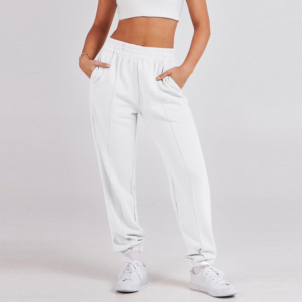 Женские однотонные повседневные брюки с высокой талией, спортивные спортивные брюки для бега с карманами