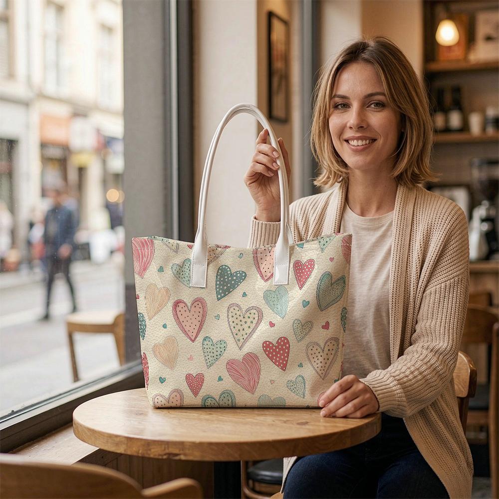 Sweet Heart Pattern Tote Bag Casual Daily Use Portable Lightweight Handbag for Women Outdoor Shopping