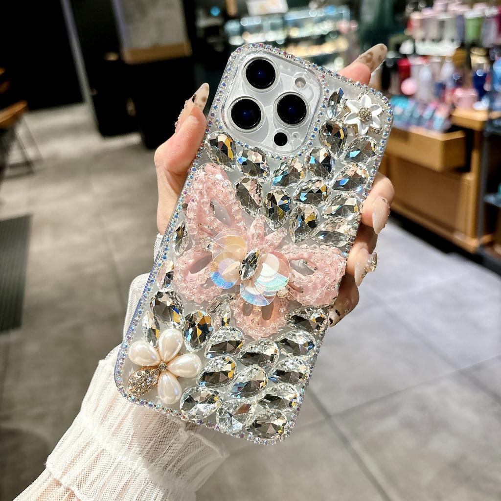 For iPhone 16 Pro Max Case Glass Rhinestone Decor Butterfly Pattern TPU Phone Back Cover