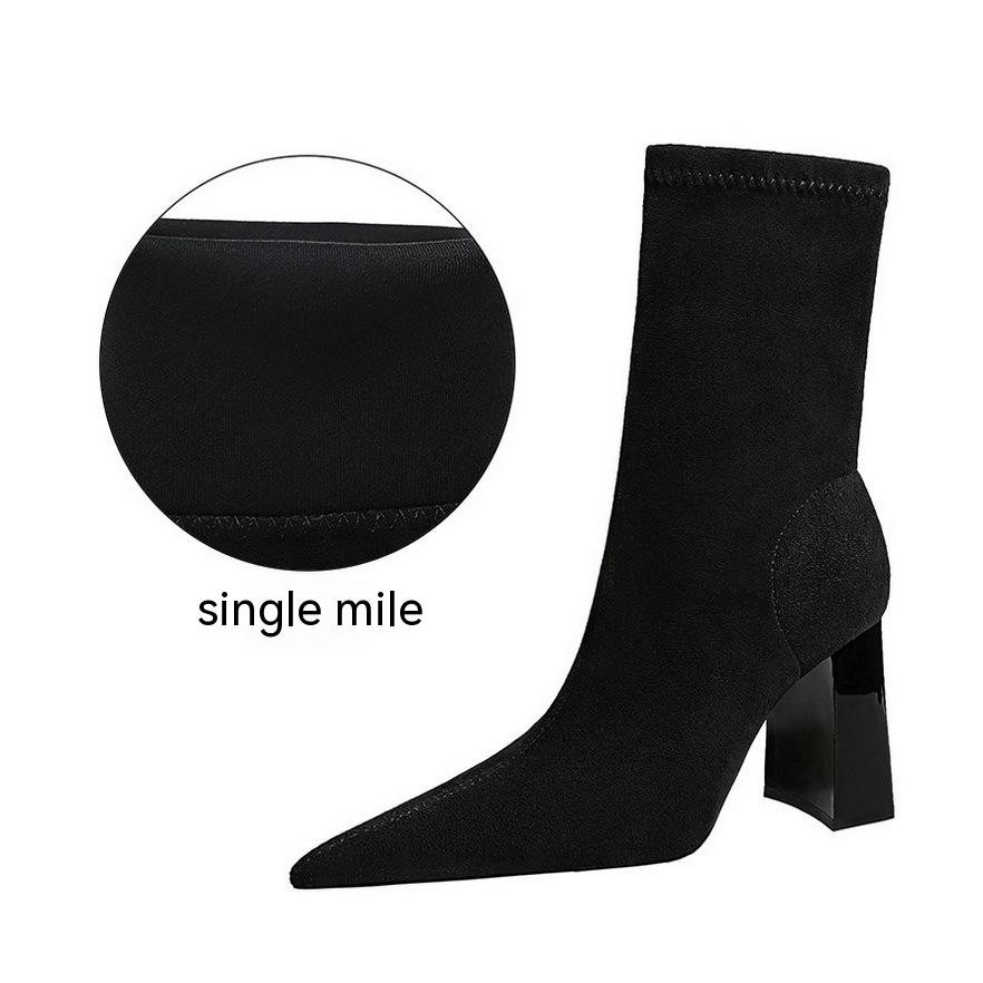 Сексуальные замшевые короткие сапоги на очень высоком толстом каблуке в европейском и американском стиле с острым носком, женские сапоги