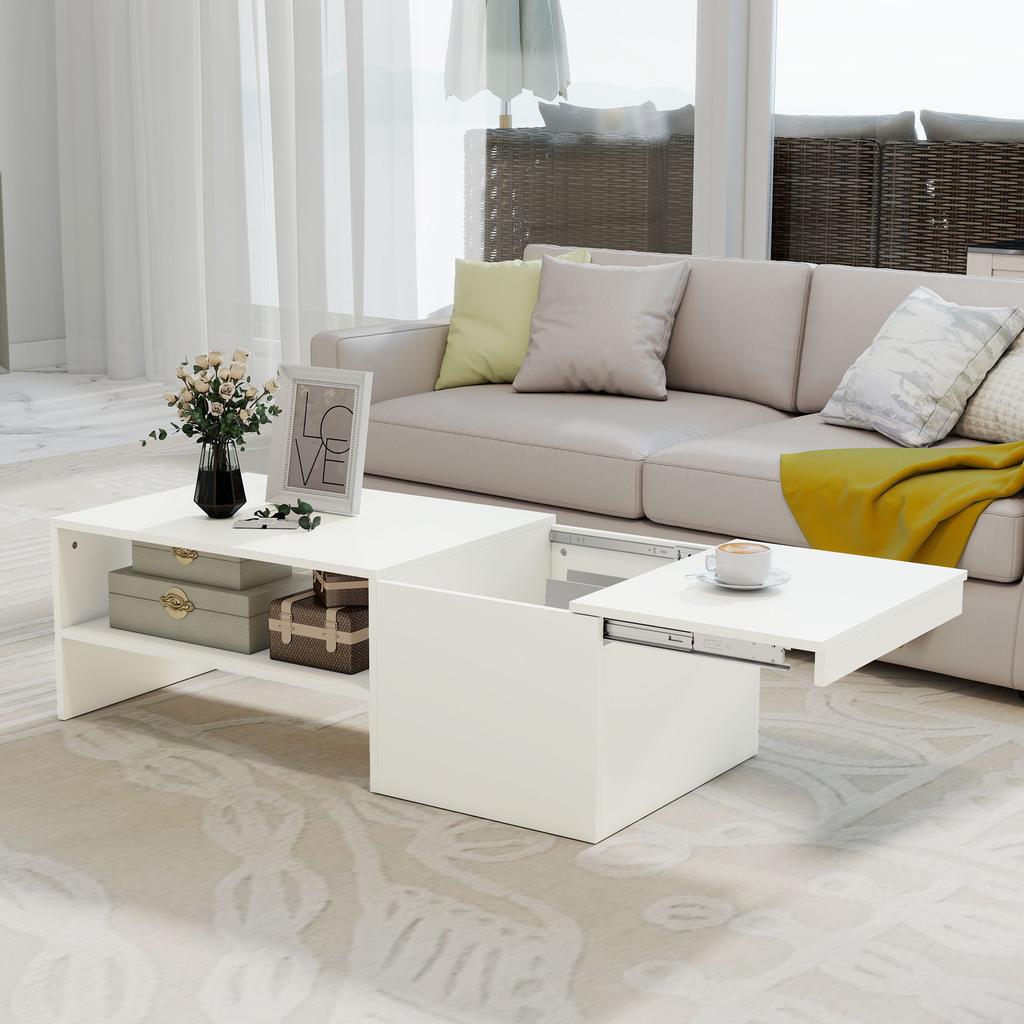 Rectangular Coffee Table Sliding Top Side Table Hidden Storage Open Shelf 110 X 52 X 36 Cm White