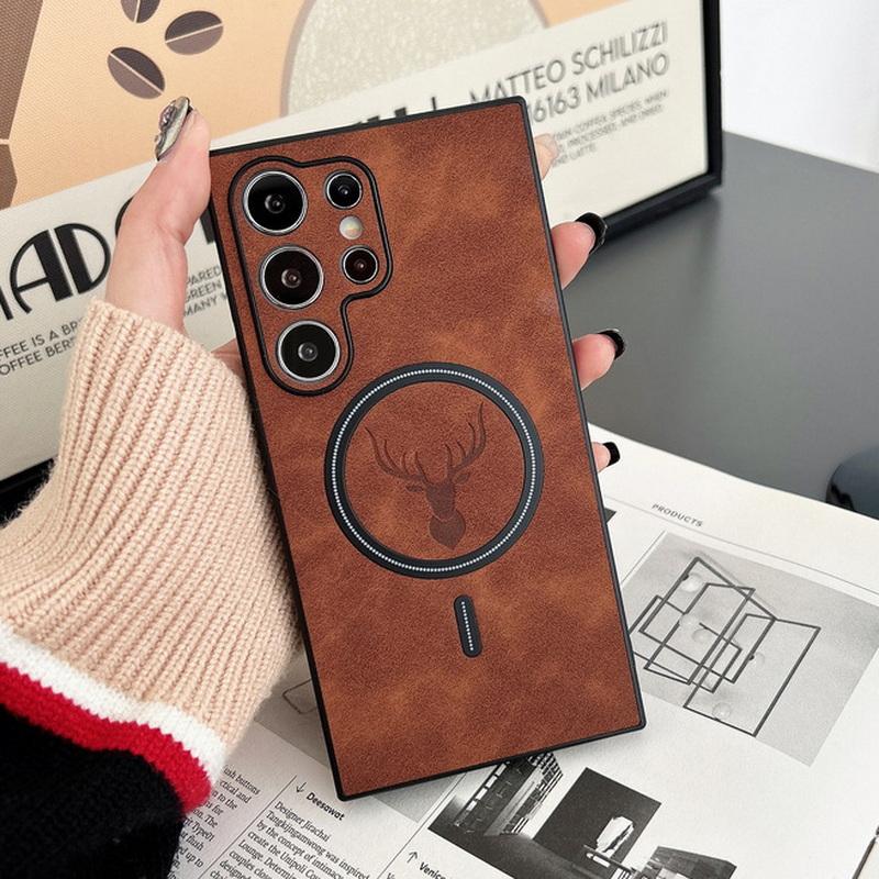 Чехол для телефона Samsung S25 Ultra S24 S23 Plus S22 из кожи с магнитным принтом оленя, тонкий матовый противоударный чехол с функцией беспроводной зарядки