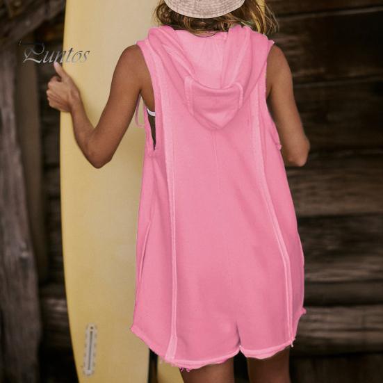 Women's Summer Short Jumpsuits Half Zip-up Sleeveless Hooded Jumpsuit Overalls Athletic One Piece Romper with Pockets