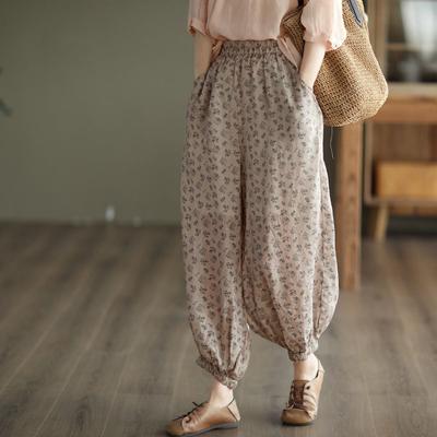Женские льняные брюки-шаровары с широкими штанинами, тонкие, с цветочным принтом, повседневные брюки-фонарики с завязками на щиколотке